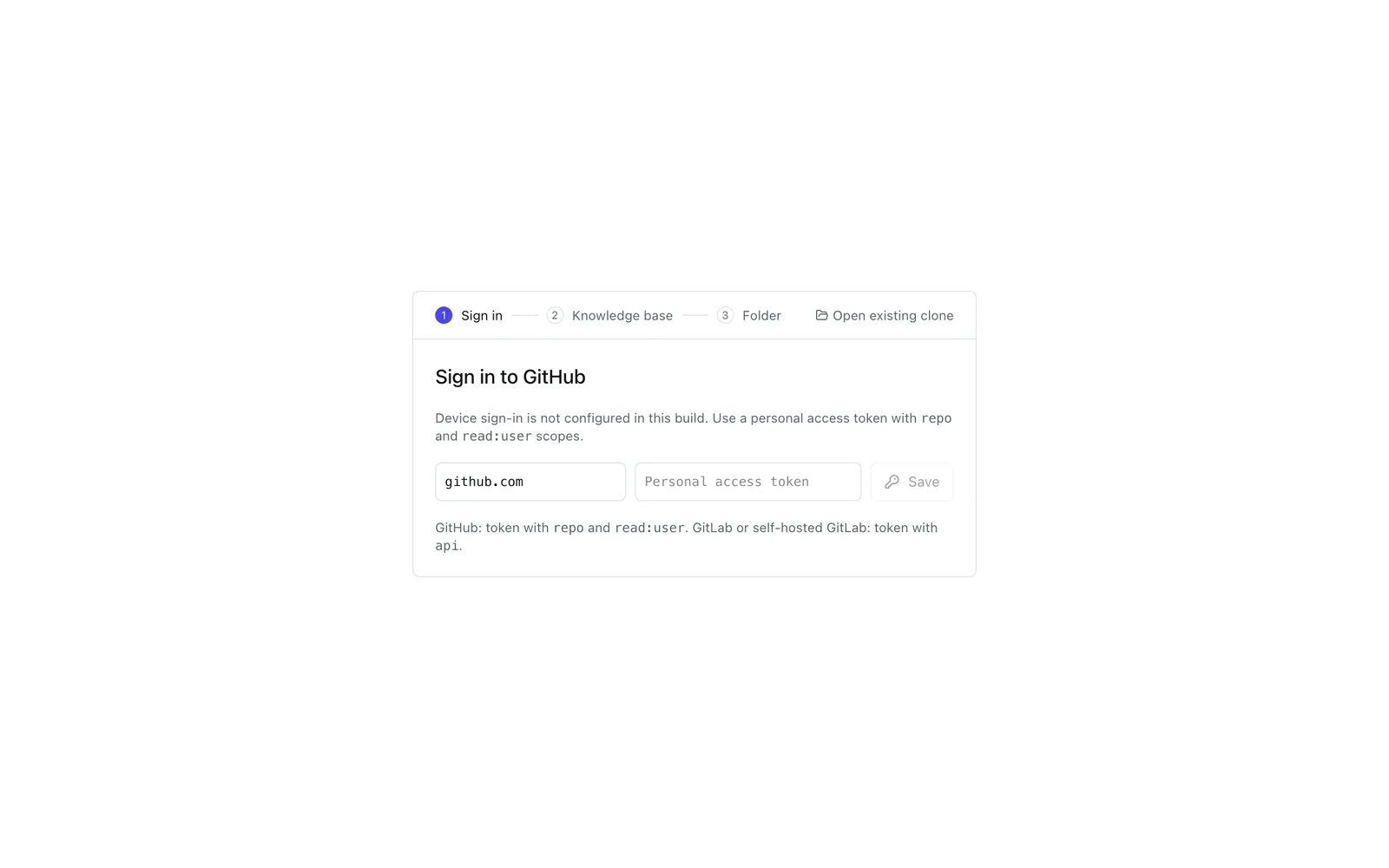 The kmdn sign-in screen with the three onboarding steps: sign in, knowledge base, folder.