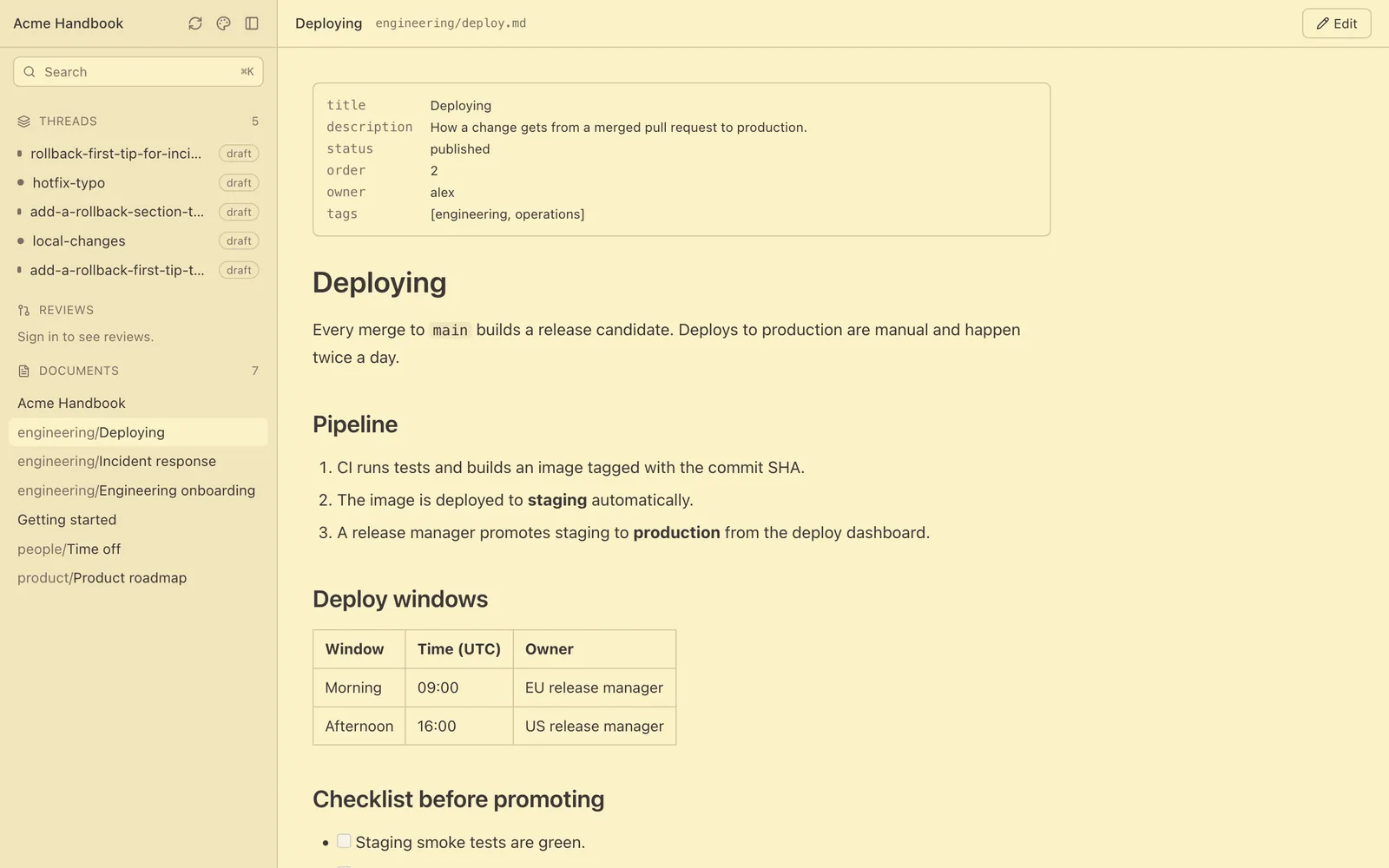 A deploy guide rendered as a document, with a properties table and a deploy windows table.