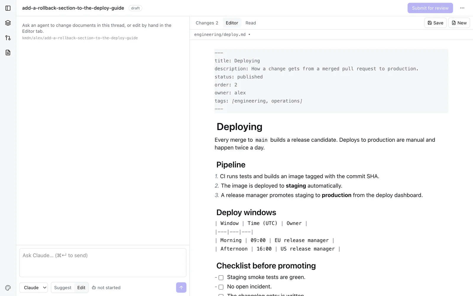 The thread editor open on the deploy guide with unsaved changes and a save button.