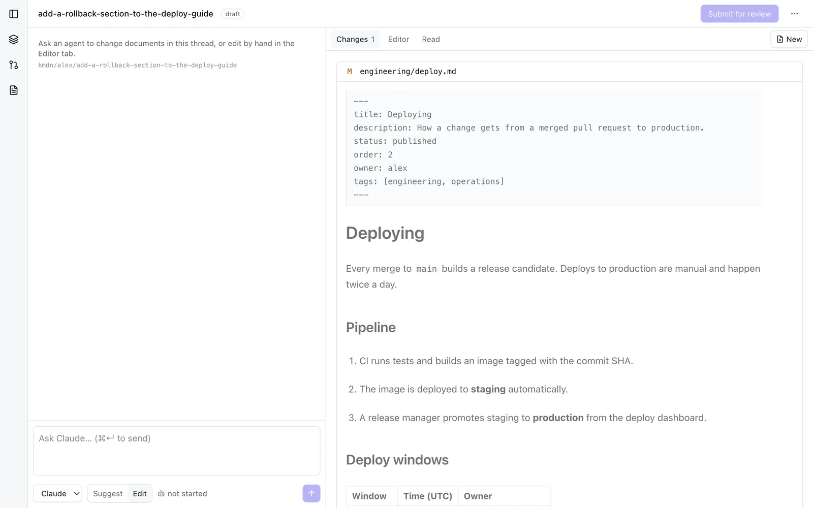The changes tab showing a rendered diff of the modified deploy guide.