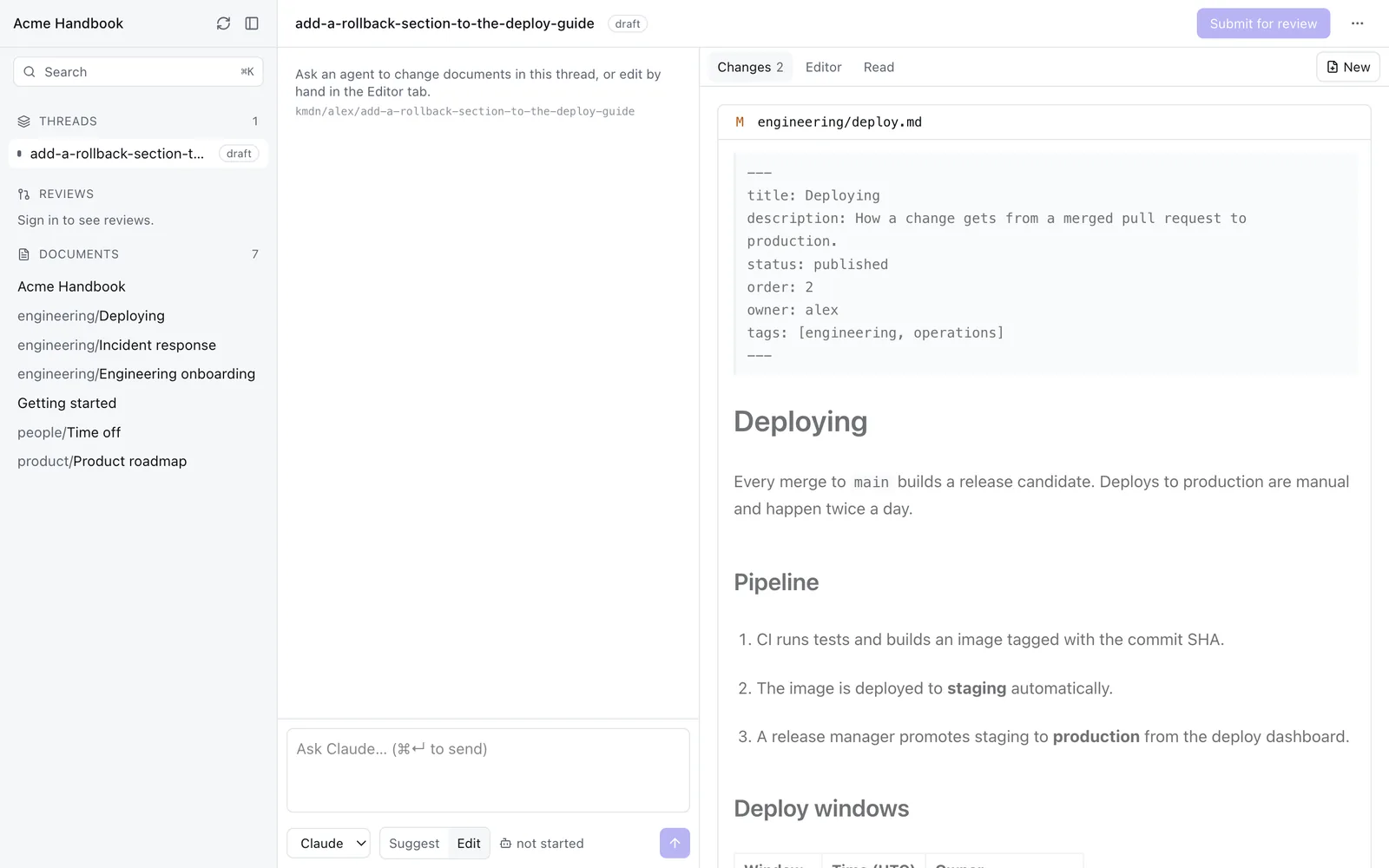 A thread with the sidebar, the agent conversation, and the rendered diff side by side.