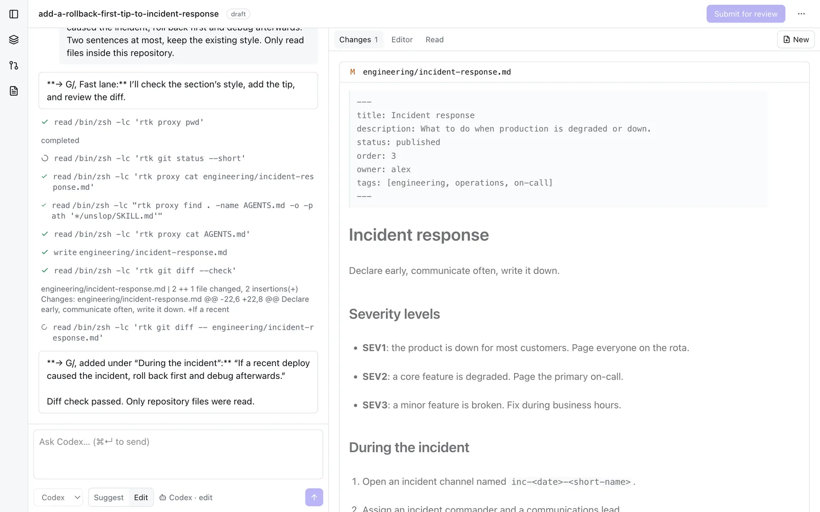 An agent conversation listing read and write tool calls, ending with a passing diff check.